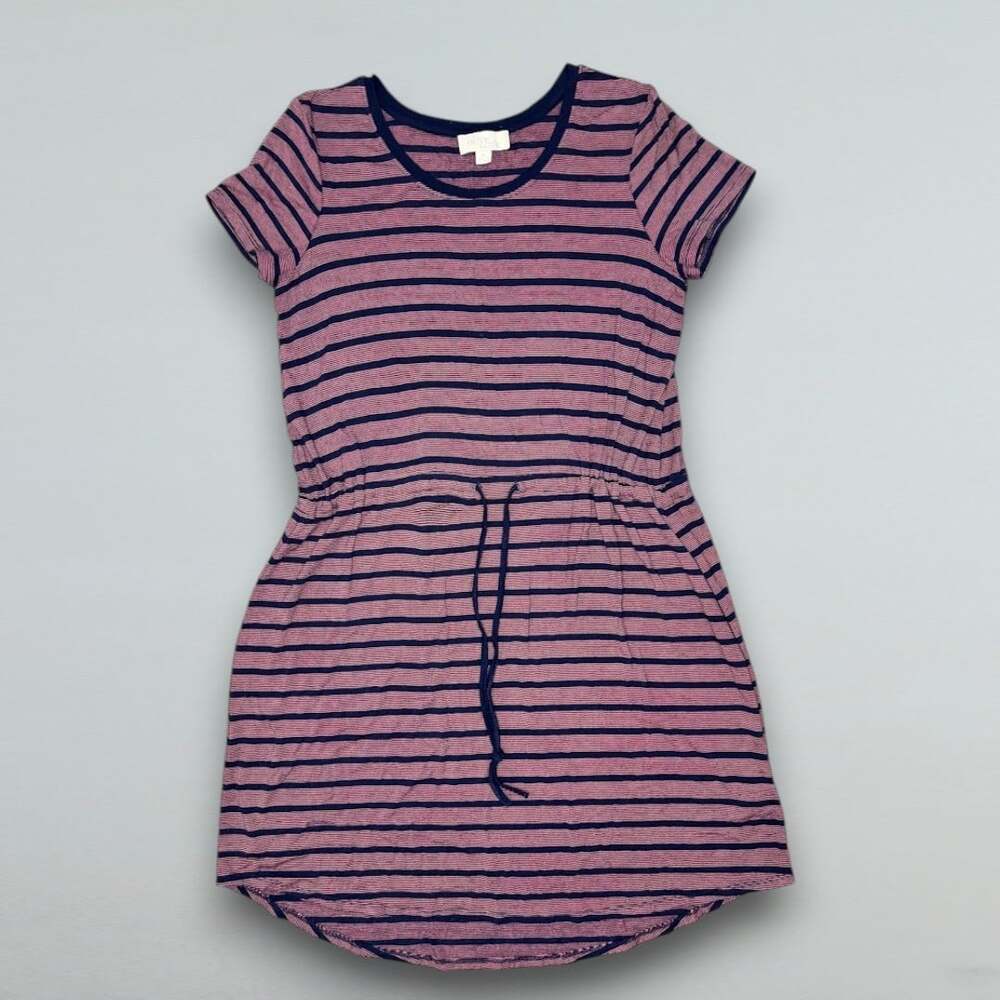 Pink Navy Striped T Shirt Dress Drawstring Waist High Low Casual Medium